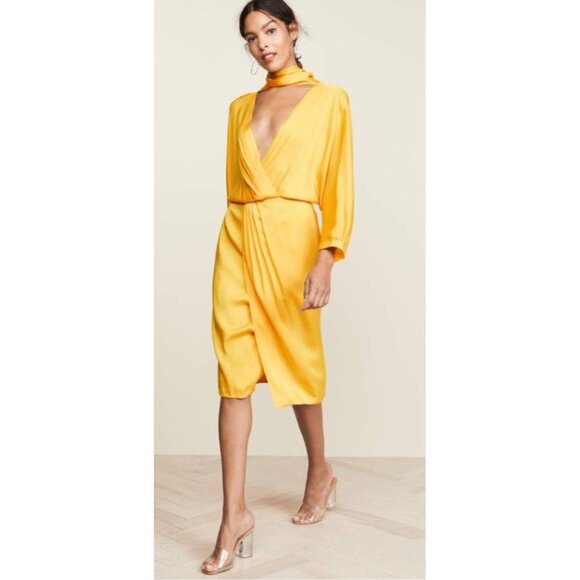 Diane von Furstenberg Yellow Draped Midi Dress Women’s Size 4 Silky Deep V Neck - Picture 1 of 12